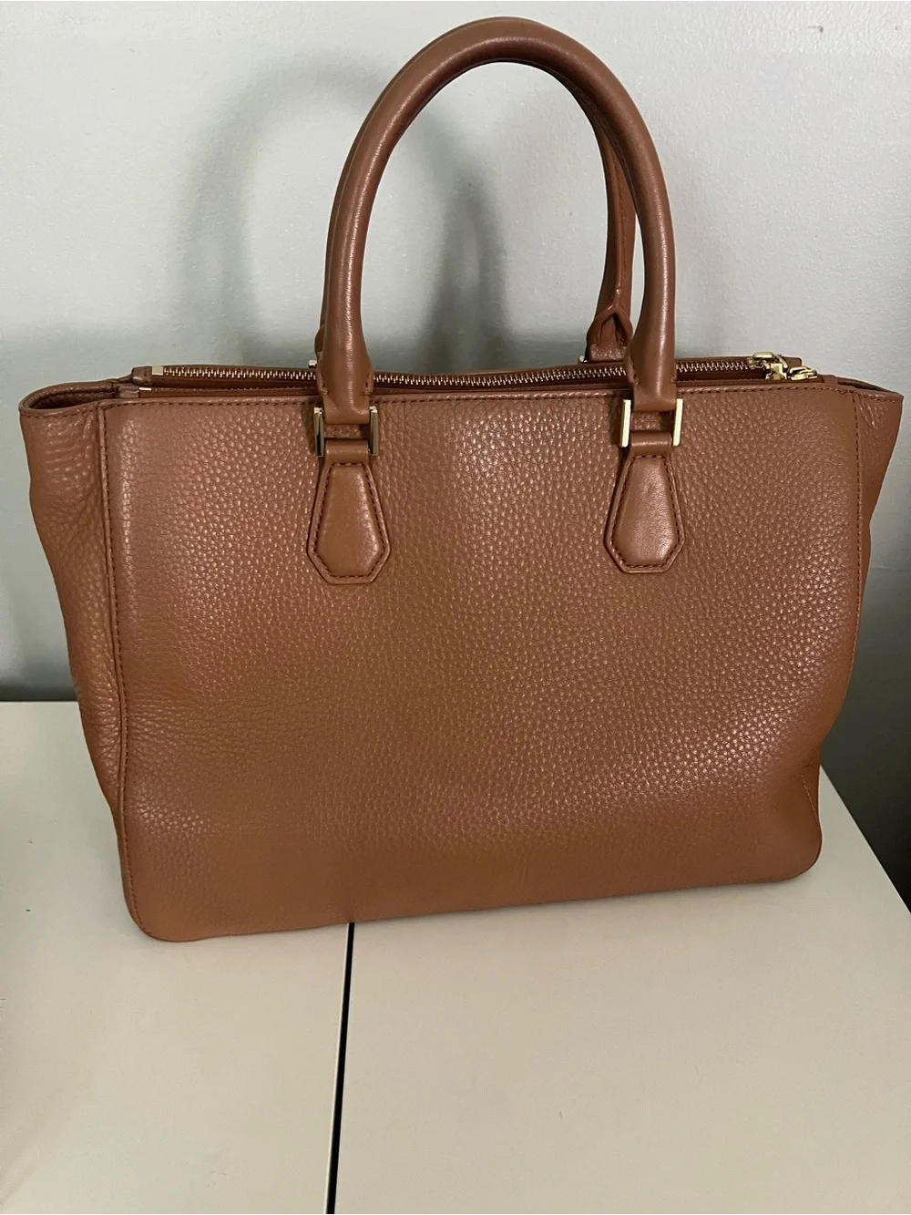 Tory Burch Tan Pebbled Leather Satchel with Wallet and Pom Charm
